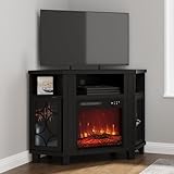 FansaFurn Corner TV Stands with 18'' Fireplace, Media Console Table with Adjustable Shelves & Acrylic Doors, Entertainment Center for TVs up to 55'', Corner Cabinet for Living Room, Bedroom, Black