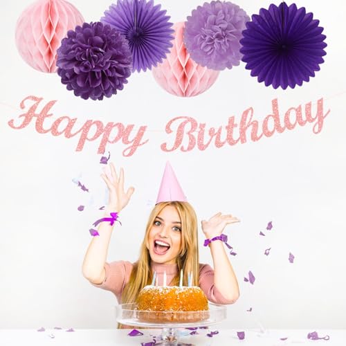 Image of Purple Pink Birthday Party-Decorations Paper-Flowers - 14pcs Happy Banner Lavender Lanterns Tissue Pom Poms,Lilac Streamers Garland Fans Honeycomb,Women Girls Adult Kids Hanging Supplies Decor Hugfond