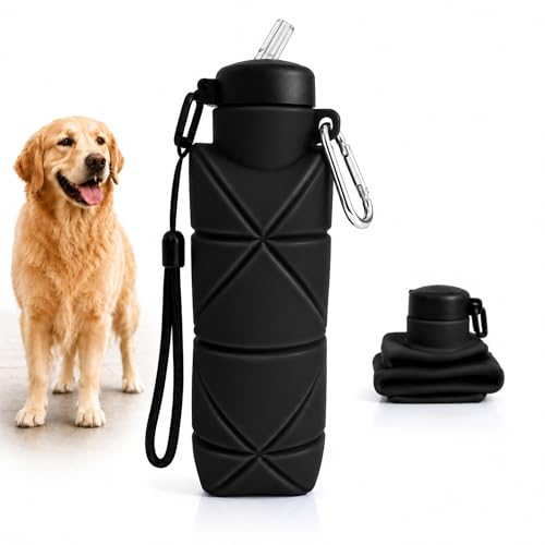 Botella Pipi Perros de 500ml, Sin Pérdidas y Plegable, Incluye Cuerda y Mosquetón para Llevar Colgada, Silicona Libre de BPA, Botella Limpia Pipi Perro, Botella Pipi Perros Calle (Negro 500ml)