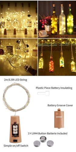 Image of LED Wine Bottle Cork Lights - 2M Copper Wire Fairy String Lights, Battery Operated DIY Decorative Lights for Bottles, Parties, Home, Weddings & Festive Decor - Yellow (1 Pc) (Warm)