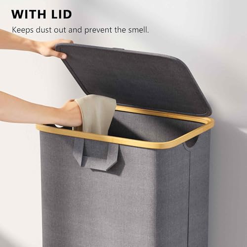 SpaceAid Laundry Hamper with Wheels and Lid, 26 Gal (100L) Rolling Clothes Basket with Bamboo Handle, Large Laundry Hamper for Bedroom, Bathroom, Dorm, Laundry Room - Grey