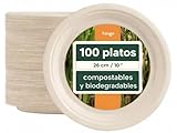 HAAGO 100 Platos Compostables de Caña de Azúcar, 26 cm / 10" – Platos de Cartón Resistentes, Anti-Grasa y a Prueba de Fugas – Biodegradables & Desechables para Fiestas, Navidad, Bodas & Cumpleaños