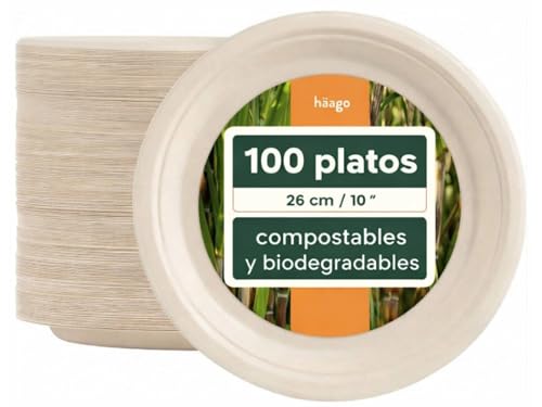 HAAGO 100 Platos Compostables de Caña de Azúcar, 26 cm