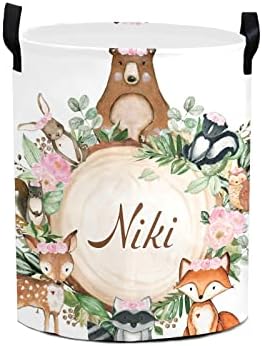 Pink Floral Woodland Forest Animals Round Storage Basket Personalized Name Laundry Basket Waterproof Nursery Hamper with Handle for Living Room Bedroom and Clothes