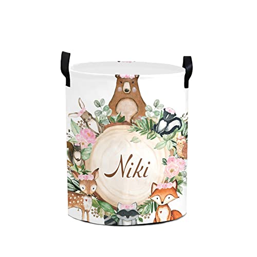 Pink Floral Woodland Forest Animals Round Storage Basket Personalized Name Laundry Basket Waterproof Nursery Hamper With Handle For Living Room Bedroom And Clothes #TOP3