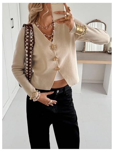 Image of MakeMeChic Women's Metal Button Down Cardigan V Neck Long Sleeve Lightweight Sweater