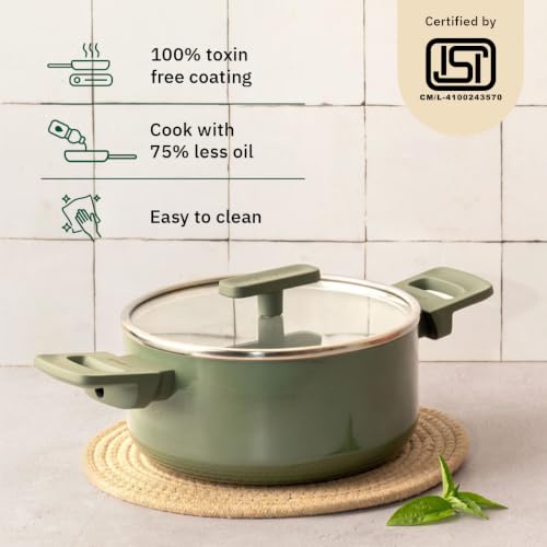 Image of Ember Cookware Arcilla Ceramic Dutch Oven 20 cm, 2.6L with Glass Lid | 75% Less Oil Usage | Lightweight, Non Toxic Pot | ISI Certified | Ceramic Cookware | Biryani Pot | PFAS & PTFE Free | Green