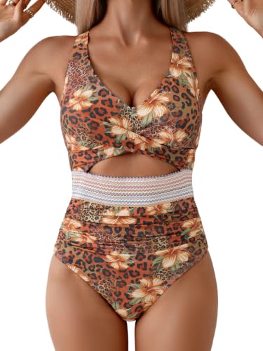 Image of B2prity Women's One Piece Swimsuit Tummy Control High Waisted Bathing Suit | Color Block,Removable Soft Cups,Cutout,V neck,Full Coverage,Adjustable Criss Cross Straps,Tie Back