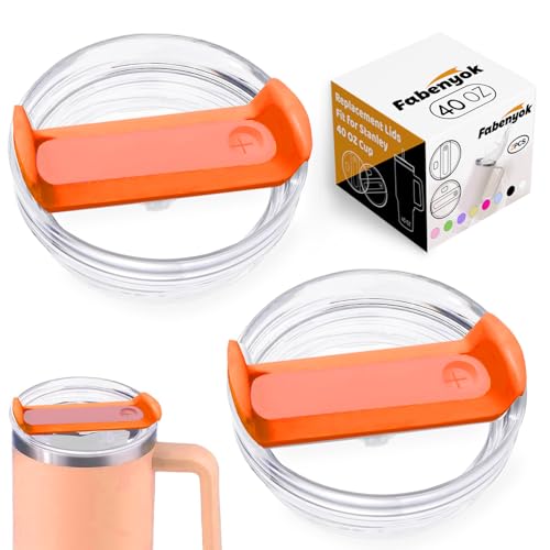 Fabenyok 40 OZ Tumbler Lid Replacement Fit for Stanley Cup, 2 Pack Clear Replacement Lids Fit for Stanley Travel Tumbler, Spill Proof Tumbler Covers for Stanley Cup Accessories (Clear - Orange)