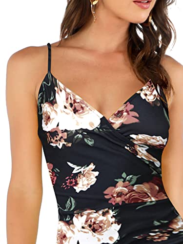 Verdusa Women's Sexy Ruched Side Asymmetrical V Neck Bodycon Cami Dress Black Floral S #TOP10