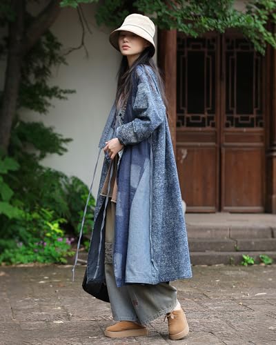 Women's Vintage V-Neck Tie-Belt Long Denim Jacket Coat Streetwear Trench Coat with Graffiti Patchwork Design2