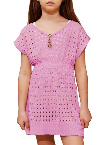 Girls Summer Crochet Swim Beach Cover Up Button Elastic Waist Beach Dress 5-14 Years4