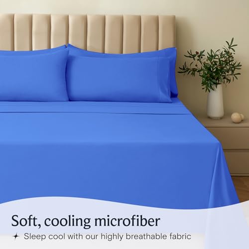 Image of LuxClub 4 PC Sheet Set Bed Sheets Deep Pockets 16 inch Eco Friendly Wrinkle Free Cooling Machine Washable Hotel Bedding Silky Soft - Marine Blue California King