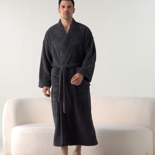 Men's Billowy Fleece Bath Robe Belt Bathrobe Chunky Comfy Cold Weather Drop Shoulder Baggy Fall Bathrobes2