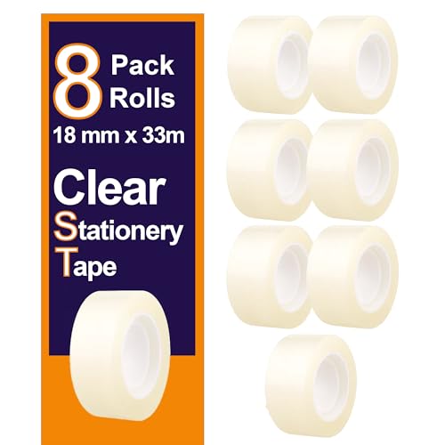 Concept4u Clear Stationery Tape 8 Rolls – 18mm x 33m Strong and Sticky Transparent Tapes Bulk Pack Suitable for Office, School, Craft, & Wrapping.