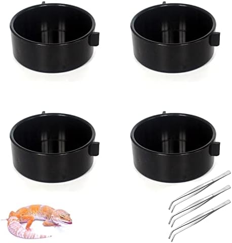 Lucky Interests 4pcs Reptile Food Water Bowl, Tortoise Food Dish with Buckle and 4 Tongs, Black Lightweight Reptile and Amphibians Feeder Shallow Reptile Food Container for Turtle, Lizard, Gecko