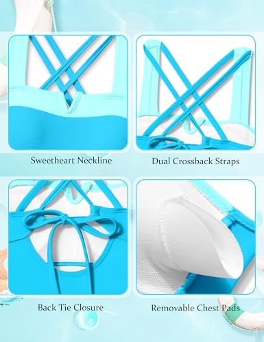 Image of Shallmu Girls One Piece Swimsuits Color Block Dual Crossback Straps with Cover Up Skirt Girl's Swimwear 9-16Y