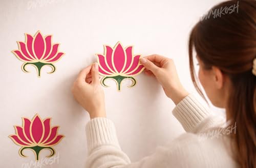 Image of Divyakosh Pink Lotus Wall Stickers for Wall Decor (12 Pieces, 3x3.5 Inch) | Puja Backdrop Decoration, Mandap, Temple Decor | Peel & Stick Lotus Stickers for Home & Festive
