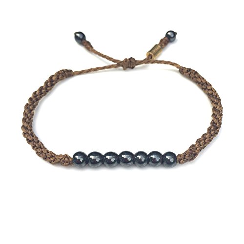Brown Rope Bracelet with Beaded Hematite Stones - Handmade Pull Cord Size Adjustable Macrame Knot Jewelry for Men and Women by Rumi Sumaq