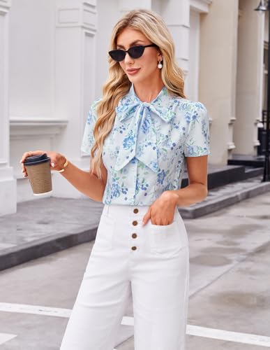 Image of Belle Poque Summer Short Sleeve Office Button Down Blouse Stripe Shirt Tops with Bow Tie BP573