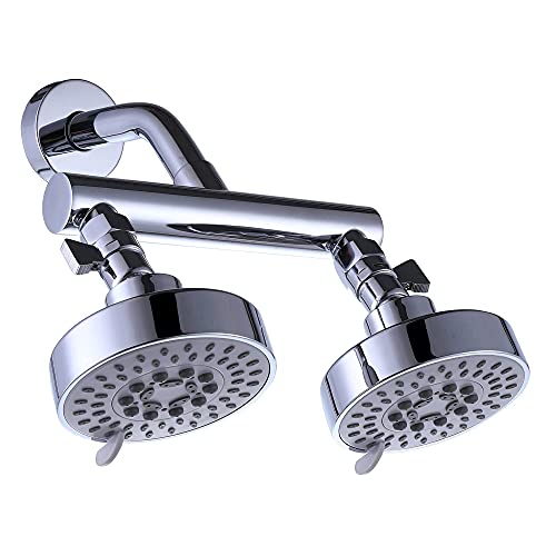 Best Quality 🔥 Double Shower Head with Shower Head Shut-Off Valve and Shower Arm Set, Solid Brass Dual Outlet Manifold 2 High Pressure Fixed Shower Head 5 Function Shower Heads Sprayers, Chrome