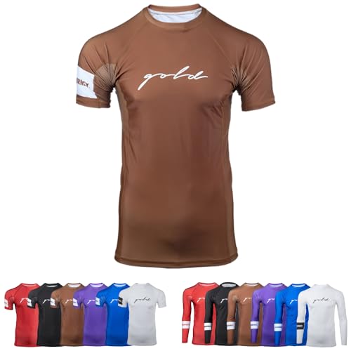 Gold BJJ Foundation Rash Guard - Ranked No-Gi and Gi Jiu Jitsu Rashguard (Short Sleeve, Brown, M)