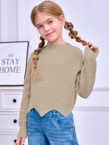 Image of Haloumoning Girls Mock Neck Sweaters Kids Fall Fashion Long Batwing Sleeve Rib Knit Pullover Clothes 5-14 Years