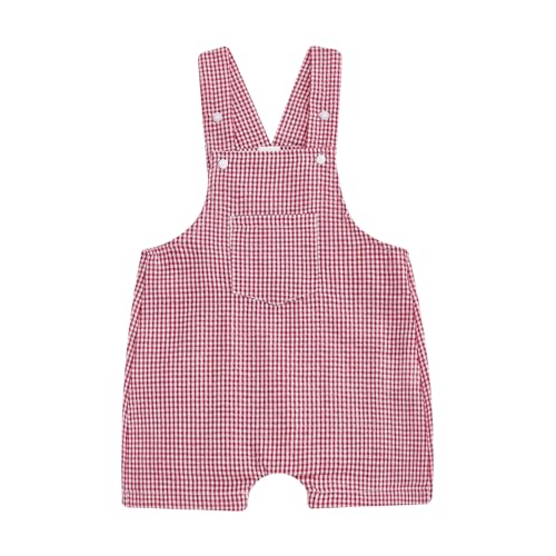 ZAXARRA Infant Baby Overalls Girls Boys Plaid Baby Jumpsuit Rompers Suspender Baby Short Overalls with Pocket (Red, 3-6 Months)