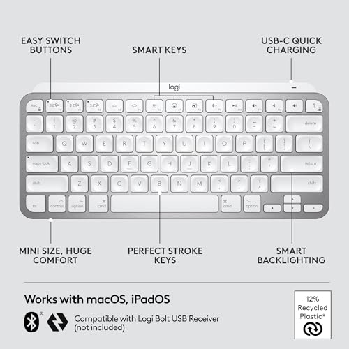 Logitech MX Keys Mini for Mac Minimalist Wireless Keyboard, Compact, Bluetooth, Backlit Keys, USB-C, Tactile Typing, Compatible with MacBook Pro,MacBook Air,iMac,iPad - Pale Grey by Logitech - Image 7