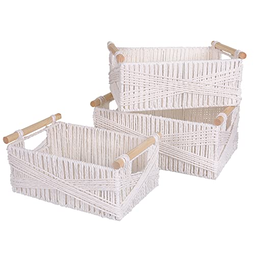 Anminy 3 Pack Woven Storage Basket With Wood Handles Handmade Natural Paper Rope Decorative Boho Desk Wicker Storage Bins Box Set Nursery Baby Kid Large Meduim Small Shelf Organizer Container - White #TOP1