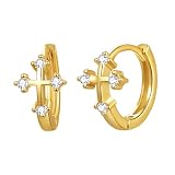 Flongo Pendientes Cruz Plata de Ley – Aro Dorado Zircón Elegante Mujer Cristiana