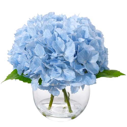 Rosscer Blue Artificial Hydrangea Flowers in Glass Vase with Faux Water, 3 Stems Lifelike Fake Floral Arrangement, UV-Resistant Odorless Centerpieces for Dining Table Home Office Decor (7.9)