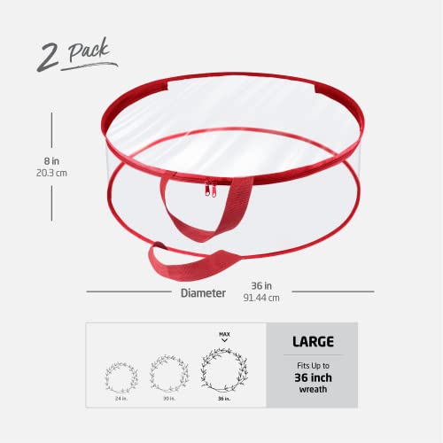 Zober Clear Wreath Storage Container - 36X36X8 Inch Wreath Storage Bag With Zipper And Dual Handles For Artificial Christmas Wreaths, Garlands & Holiday Decorations - Wreath Box, Red Piping #TOP5