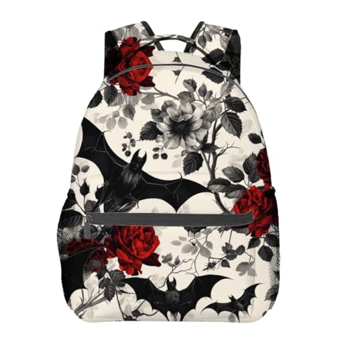 Bat and Rose Pattern Backpack Travel Backpacks Laptop Rucksack,School Bookbag for Women Kids Boys Girls,Gothic Floral Back Pack Accessories Bags,Ideal Gifts for Work, Outdoor Adventures