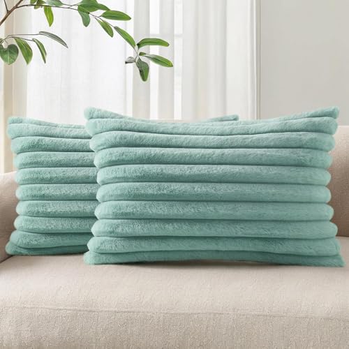Homaxy Kunstfell Kissenbezug 2er Set | Deko Weich Flauschige Gestreift Kissenhülle, Plüsch Sofakissen Dekokissen Couchkissen für Wohnzimmer Schlafzimmer Sofa