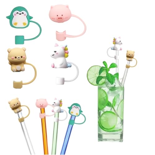 Image of Straw Cover,4pcs Cute Silicone Straw Covers Cap with StrawsReusable Tips Lids (8mm Diameter, with 4pcs Straw)