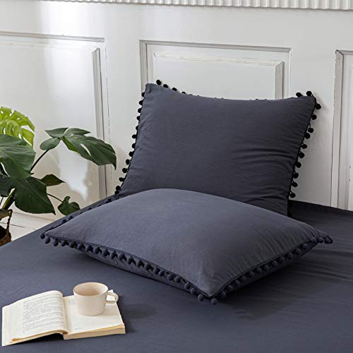 Navy Blue Pom Poms Pillowcases, Navy Pillowcases Set of 2, 100% Washed Microfiber, Soft Dark Blue Pillow Shams King, 2 Pack (King, Navy Blue)