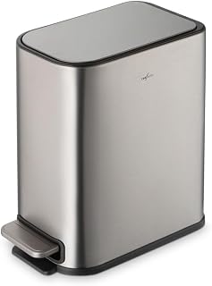 RED FACTOR Slim 1.3 Gallon Stainless Steel Pedal Trash Can with Soft Close Lid for Narrow Spaces – Small Wastebasket Bin with Removable Inner Bucket (Metallic Grey)