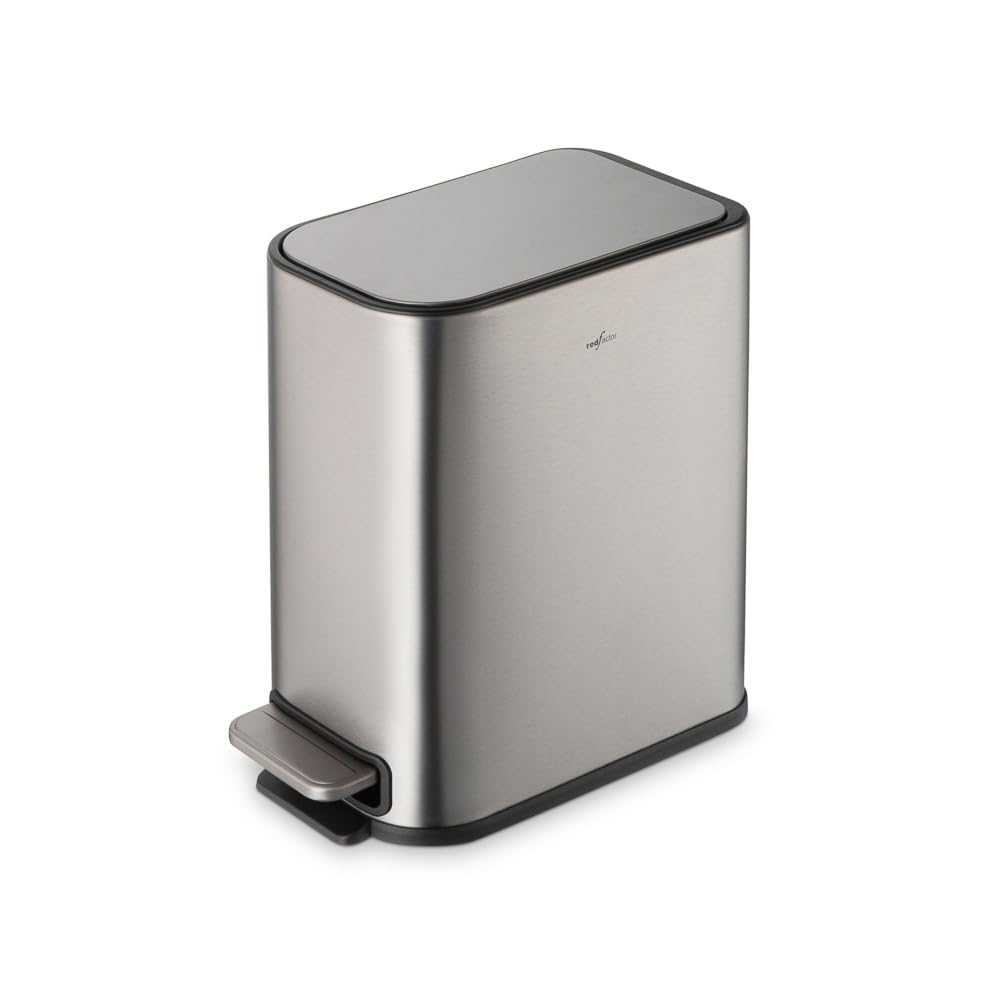 RED FACTOR Slim 1.3 Gallon Stainless Steel Pedal Trash Can with Soft Close Lid for Narrow Spaces – Small Wastebasket Bin with Removable Inner Bucket (Metallic Grey)
