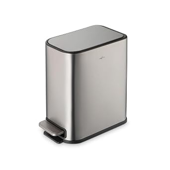 RED FACTOR Slim 1.3 Gallon Stainless Steel Pedal Trash Can with Soft Close Lid for Narrow Spaces Small Wastebasket Bin with Removable Inner Bucket Metallic Grey