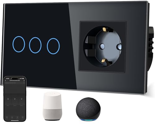 TAWOIA Presa normale con interruttore della luce Smart Wlan (neutro necessario), pannello in vetro, controllo vocale per Alexa, compatibile con Smart Life e Tuya App 3 vani 1 vie, nero