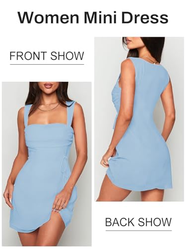 Image of Women's Sexy Ruched Mesh Midi Short Dresses for Women Square Neck Fitted Elegant Club Party Cocktail Dress