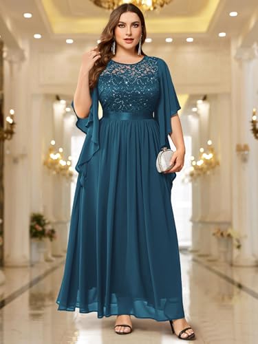 Image of Miusol Women's Plus Size Sequin Lace with Ruffle Cape Cloak Sleeves Elegant Evening Gown Wedding Guest Maxi Dress