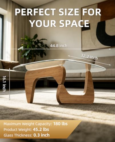 telkener Mid Century Modern Coffee Table, Center Table for Living Room, Offices, Triangle Tempered Glass Top and Solid Wood Base, Easy Assembly, Walnut, 44.8" x 32.2" x 16.1" — view 5