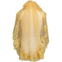 Veil Women Soft Mesh Metallic Gold Sequins Embroidered Lace Vintage Mantilla Wedding, 31.49inch-39.37inch