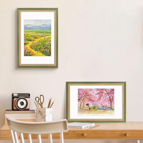 Image of Golden State Art,11x17 Ornate Picture Frame for 9x12 Photo with Mat or 11 x 17 Prints without Mat,Real Glass Wall Display(Color:Green Gold)