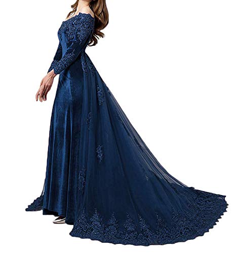 long sleeve navy blue lace prom dress Navy Blue Long Formal Dress with Sheer Sleeves Navy / 14