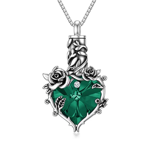Toupop Emerald Rose Urn Necklace For Ashes For Women With S925 Silver Heart Crystal Rose Flower Ashes Pendant Necklaces Cremation Jewelry For Ashes Memorial Gift For Women Girls Keepsake W/Funnel #TOP26