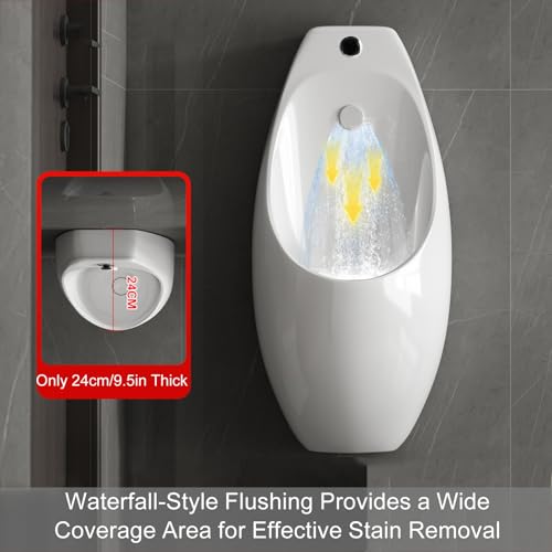 Urinal de pared para hombres, uso comercial y doméstico, urinal cerámico blanco con sensor y descarga manual, doble descarga, antiesplashes, drenaje de pared o piso, incluye kit de instalación miniatura 3