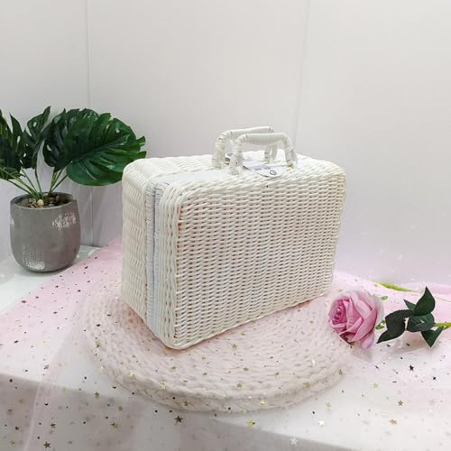 Hubiuyo かごバッグ トランク ピクニック 籐 ラタン 鍵付き 収納 収納ボックス おもちゃ収納 小物収納 可愛い ピンク 水色 ホワイト ディスプレイ インテリア (ホワイト)
